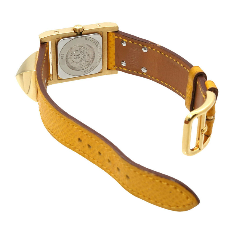 愛馬仕 Medor 女士腕錶，金字塔設計，金色鉚釘，白色和黃色皮革錶帶，石英機芯。-4