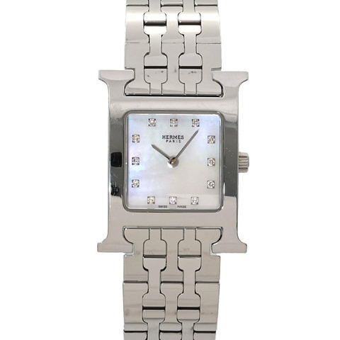 愛馬仕 H-Watch HH1 210 女士腕錶 12P 鑲鑽 白色錶殼 石英錶 H
