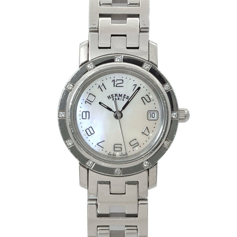 愛馬仕 Clipper Nacre CL4 230 女士腕錶,12 鑽錶圈,白色錶殼,石英錶。-0