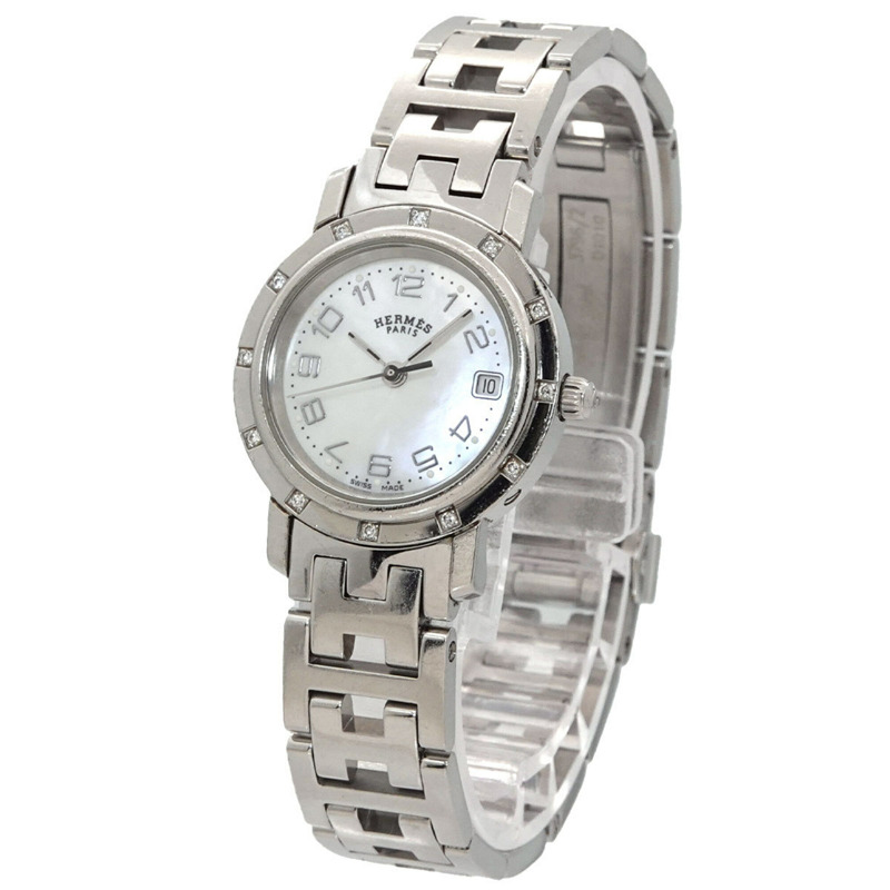 愛馬仕 Clipper Nacre CL4 230 女士腕錶,12 鑽錶圈,白色錶殼,石英錶。-1