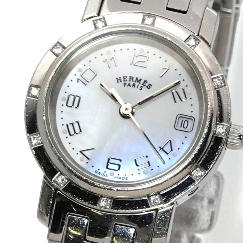 愛馬仕 Clipper Nacre CL4 230 女士腕錶,12 鑽錶圈,白色錶殼,石英錶。-5