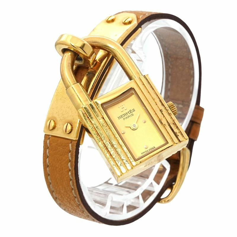 愛馬仕凱莉女士腕錶,金色石英錶,帶掛鎖-2