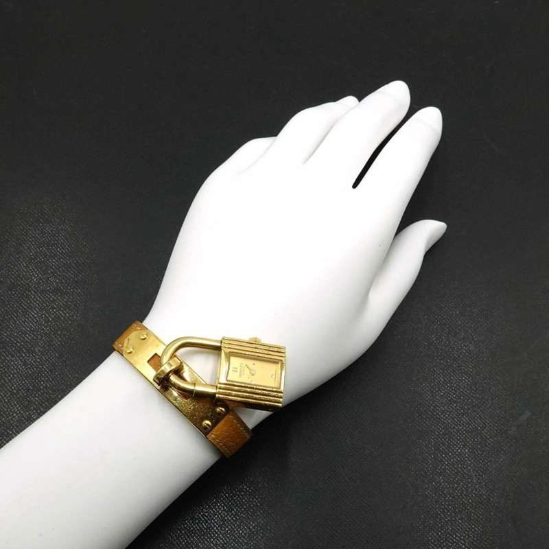 愛馬仕凱莉女士腕錶,金色石英錶,帶掛鎖-3