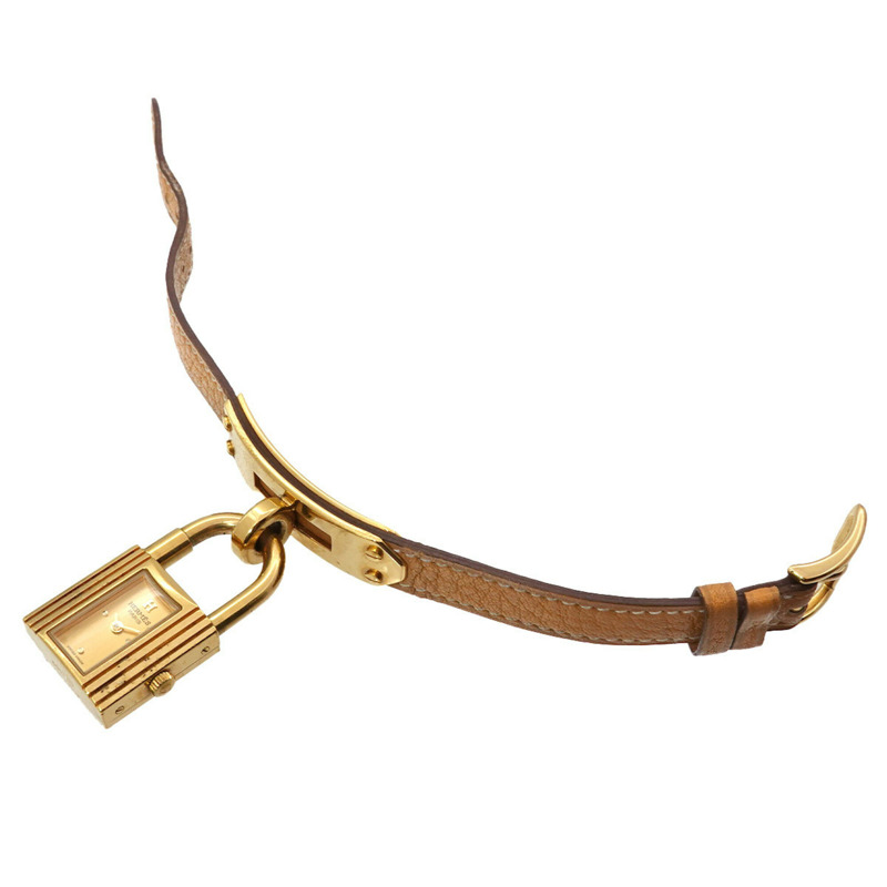 愛馬仕凱莉女士腕錶,金色石英錶,帶掛鎖-4