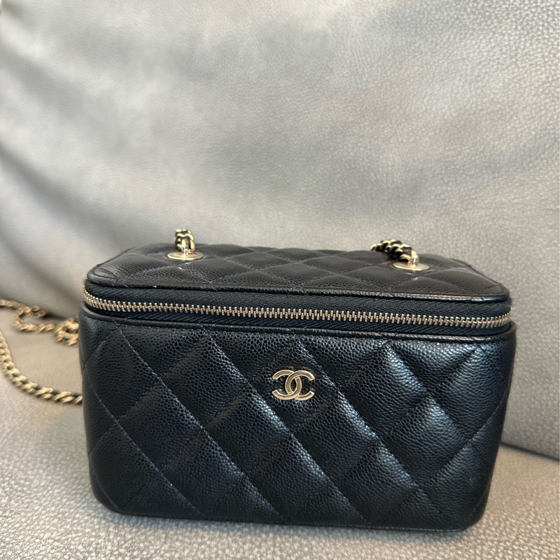 Chanel Vanity Case荔枝皮黑盒子金鏈 化妝包 二手-7
