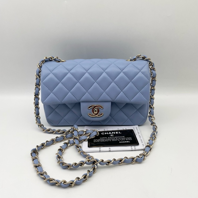 Chanel香奈兒CF藍色大mini 99新 有卡-0