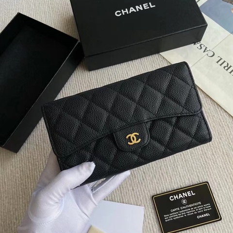 Chanel • 經典Cf 荔枝牛皮金釦三折長夾 附盒