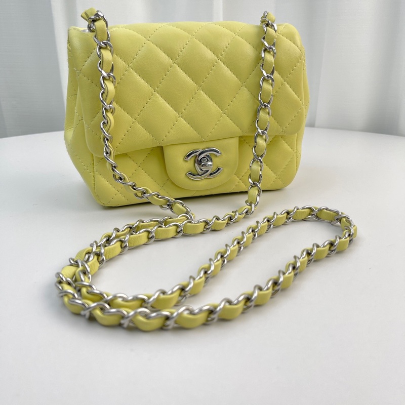 Chanel • 經典Cf 17 小雞黃銀釦羊皮方胖子 芯片款✨-2