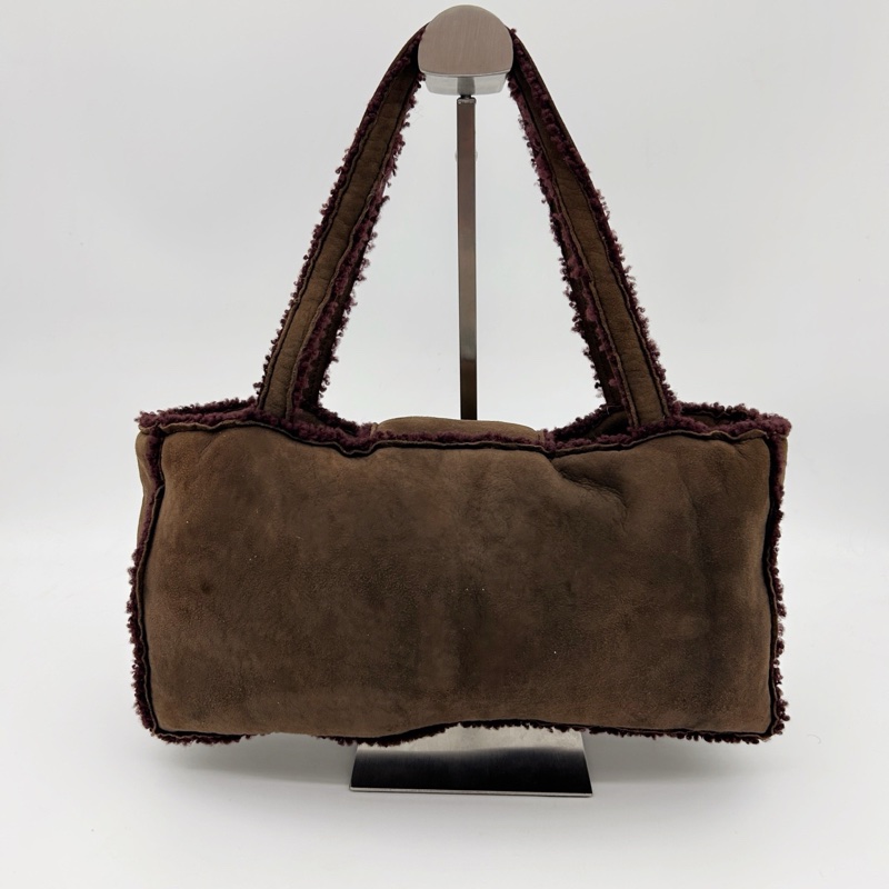 「JL精品代購」9新 香奈兒咖啡麂皮拼紫紅羊羔毛手提腋下小托特包-3