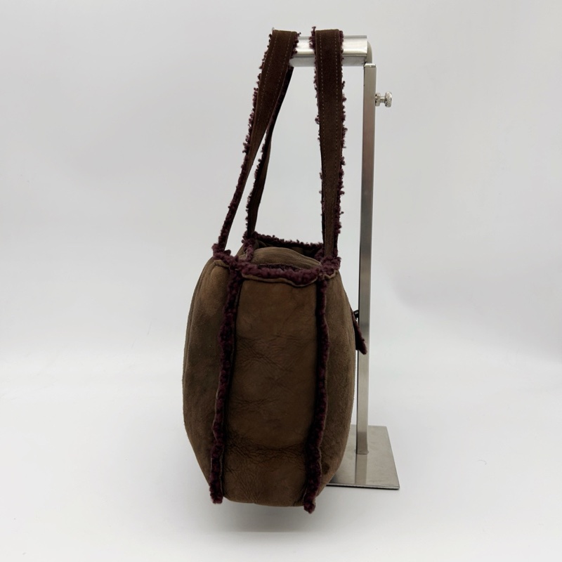 「JL精品代購」9新 香奈兒咖啡麂皮拼紫紅羊羔毛手提腋下小托特包-4