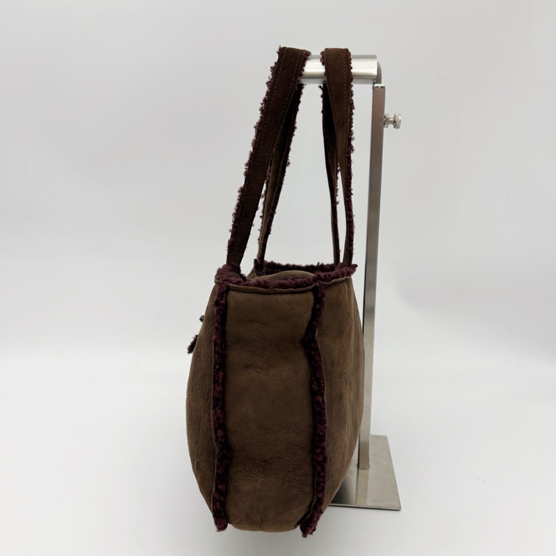 「JL精品代購」9新 香奈兒咖啡麂皮拼紫紅羊羔毛手提腋下小托特包-5