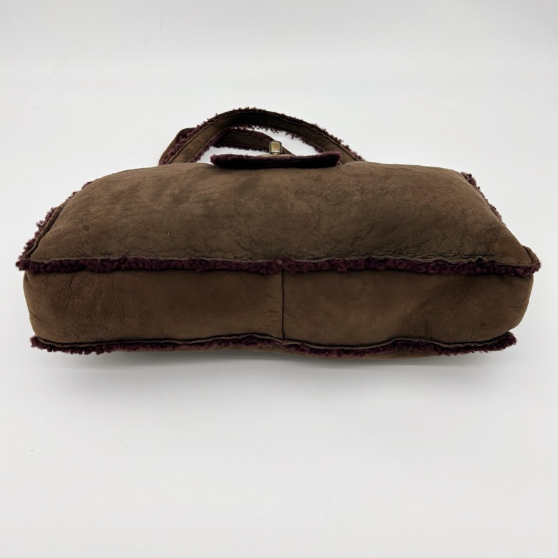 「JL精品代購」9新 香奈兒咖啡麂皮拼紫紅羊羔毛手提腋下小托特包-7