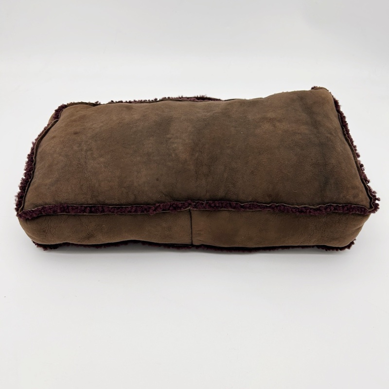 「JL精品代購」9新 香奈兒咖啡麂皮拼紫紅羊羔毛手提腋下小托特包-8