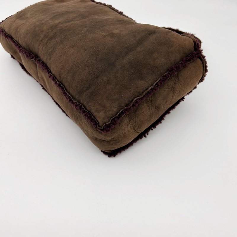 「JL精品代購」9新 香奈兒咖啡麂皮拼紫紅羊羔毛手提腋下小托特包-10