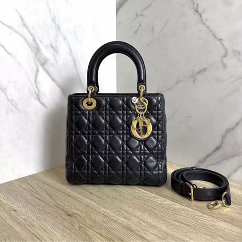 「JL精品代購」9新 Dior lady Dior 羊皮 黑金五格戴妃肩背手提包