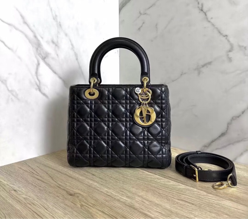 「JL精品代購」9新 Dior lady Dior 羊皮 黑金五格戴妃肩背手提包-0