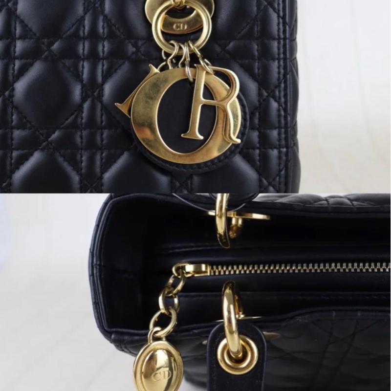 「JL精品代購」9新 Dior lady Dior 羊皮 黑金五格戴妃肩背手提包-7