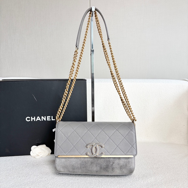 Chanel • 霧霾灰麂皮拼荔枝牛皮金釦鏈條包-3