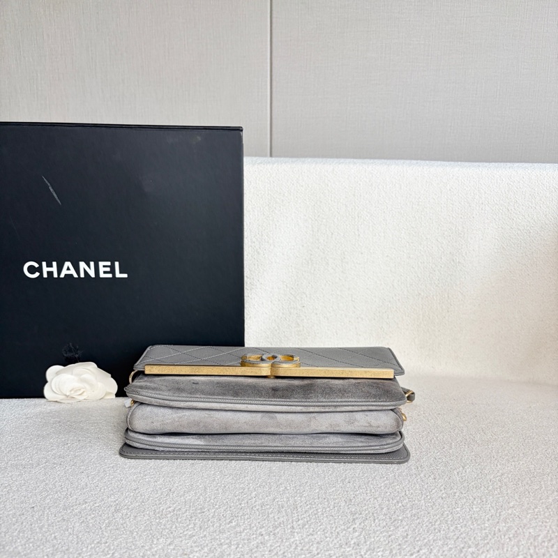 Chanel • 霧霾灰麂皮拼荔枝牛皮金釦鏈條包-7