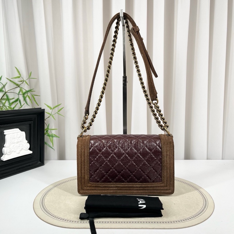 Chanel • Le Boy 25 波爾多紅牛皮拼棕色麂皮金釦中號-2