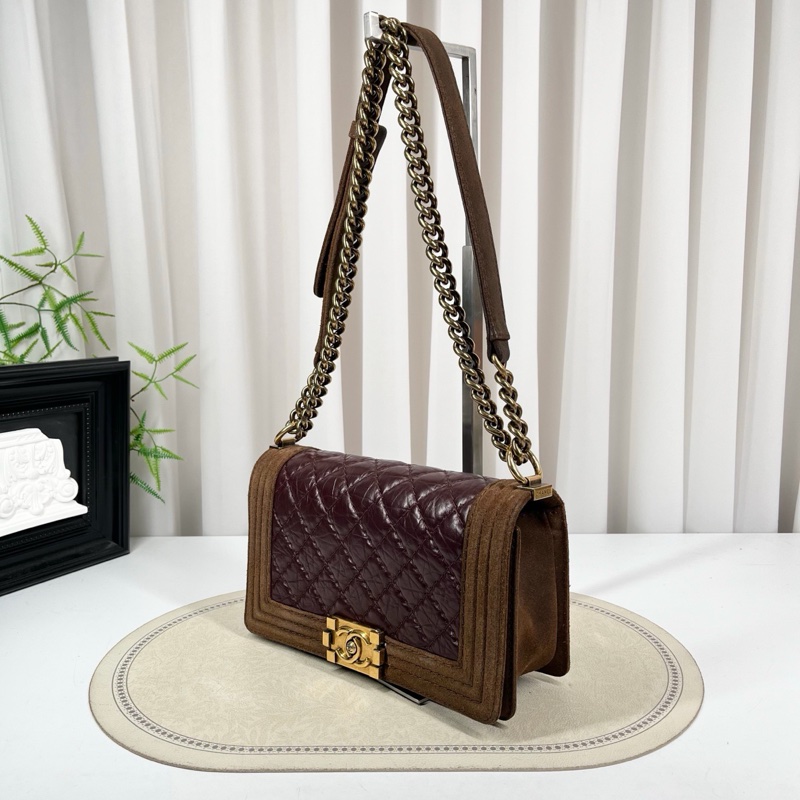 Chanel • Le Boy 25 波爾多紅牛皮拼棕色麂皮金釦中號-5