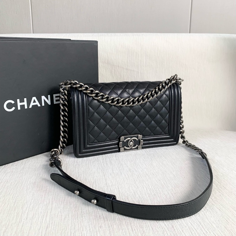 Chanel • 經典黑銀琺瑯釦牛皮Le Boy 25中號 大全配有購證-5
