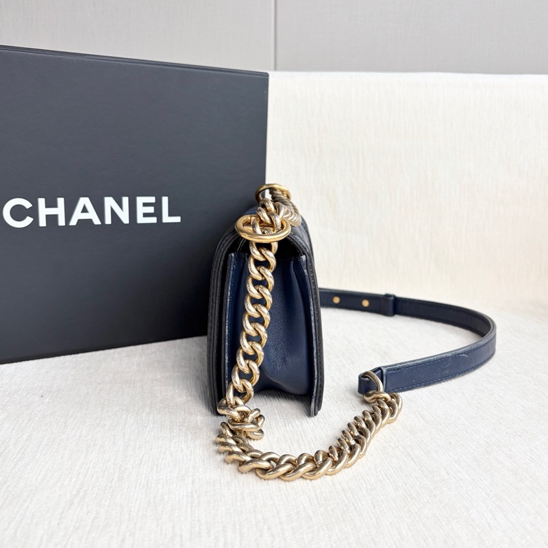 Chanel • 經典藍黑拼色羊皮金釦Le Boy 20 小號 全配有盒-8