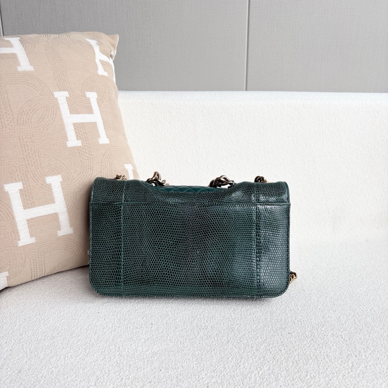 Chanel • 絕版孟買祖母綠蜥蜴皮金釦鏈條包 有卡-2