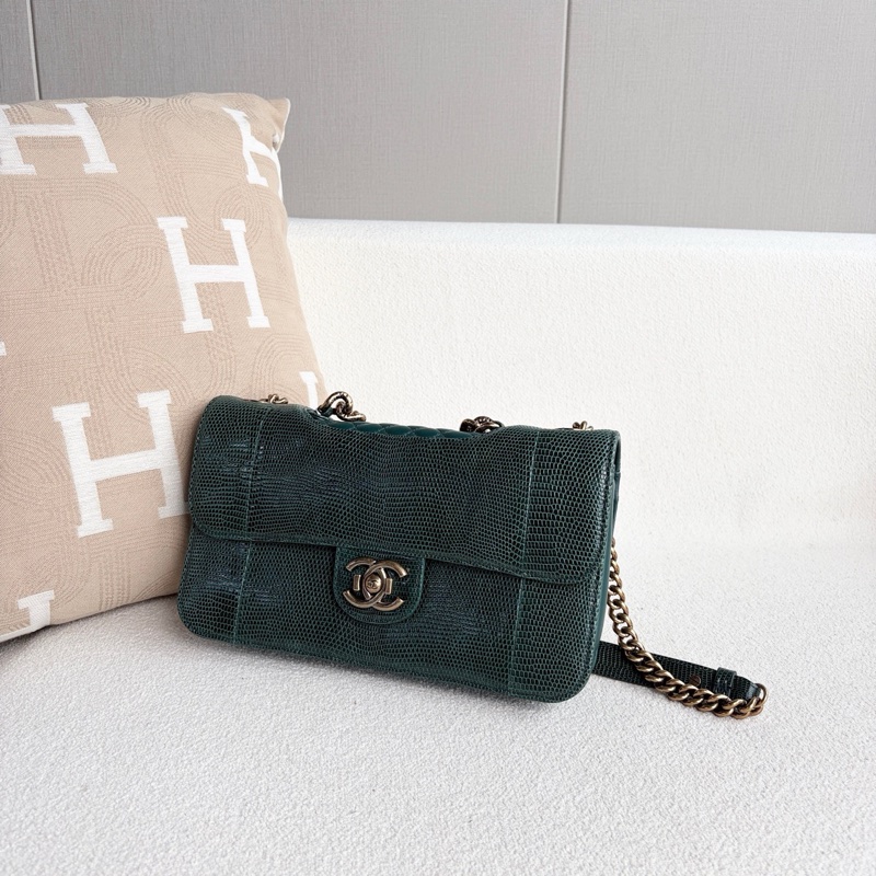 Chanel • 絕版孟買祖母綠蜥蜴皮金釦鏈條包 有卡-3