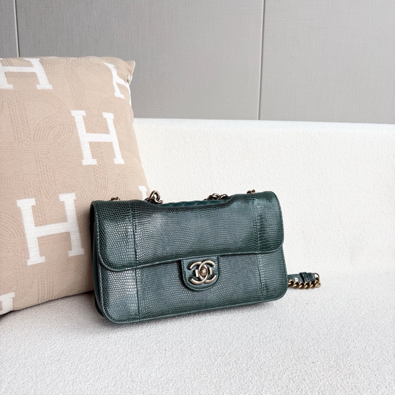 Chanel • 絕版孟買祖母綠蜥蜴皮金釦鏈條包 有卡-6