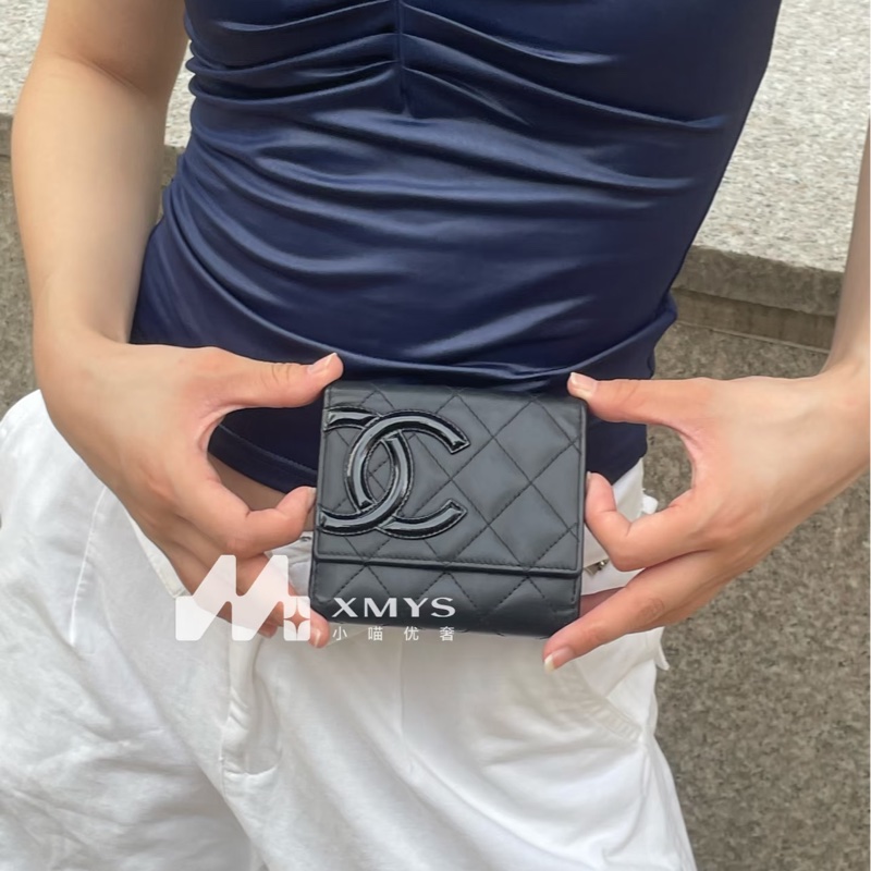 Chanel • 經典康鵬全黑牛皮三折短夾 So Black 大全配有購證-0