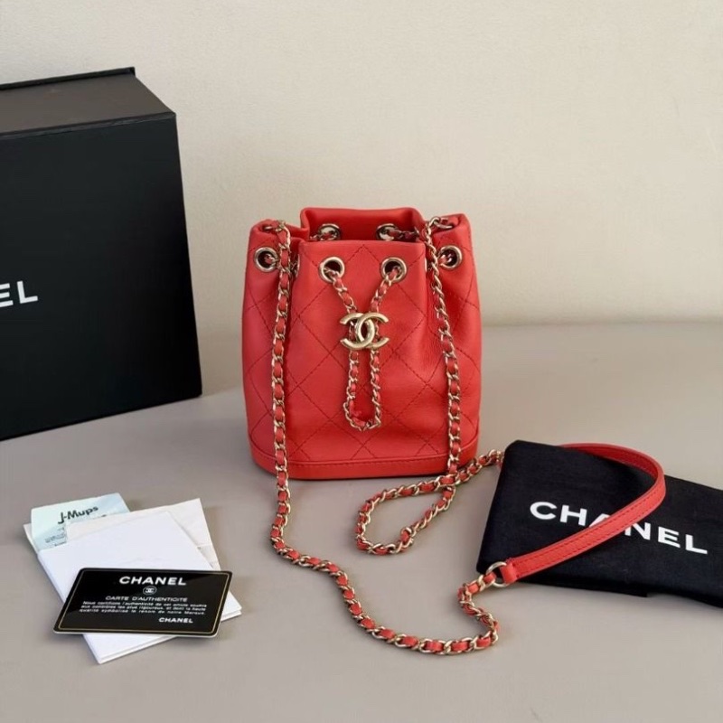 Chanel 橘紅 金扣 mini 抽繩水桶15*15*9.5  95新 保卡購證塵袋-1