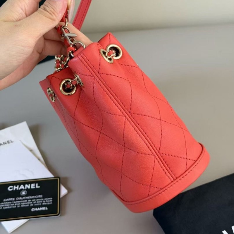 Chanel 橘紅 金扣 mini 抽繩水桶15*15*9.5  95新 保卡購證塵袋-2