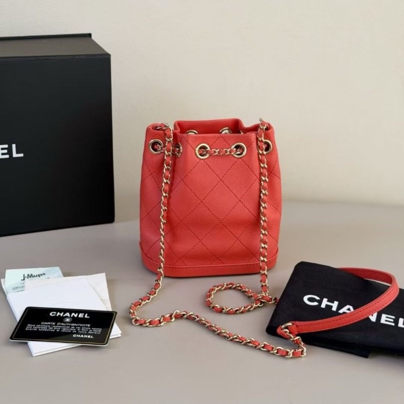 Chanel 橘紅 金扣 mini 抽繩水桶15*15*9.5  95新 保卡購證塵袋-5