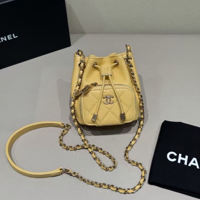 Chanel 小雞黃 荔枝牛皮 抽繩小水桶 芯片款 10*12cm 95新 配件塵袋-1