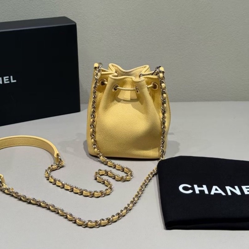Chanel 小雞黃 荔枝牛皮 抽繩小水桶 芯片款 10*12cm 95新 配件塵袋-3