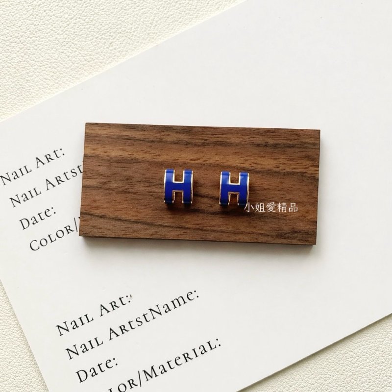 HERMES - 深藍色琺瑯漆面金釦POP耳環-0