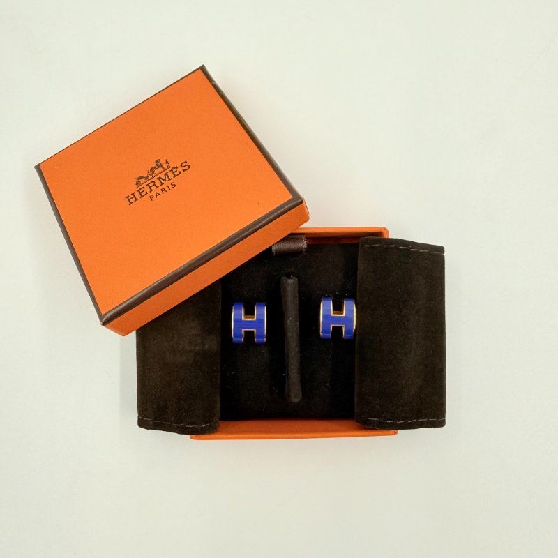 HERMES - 深藍色琺瑯漆面金釦POP耳環-1