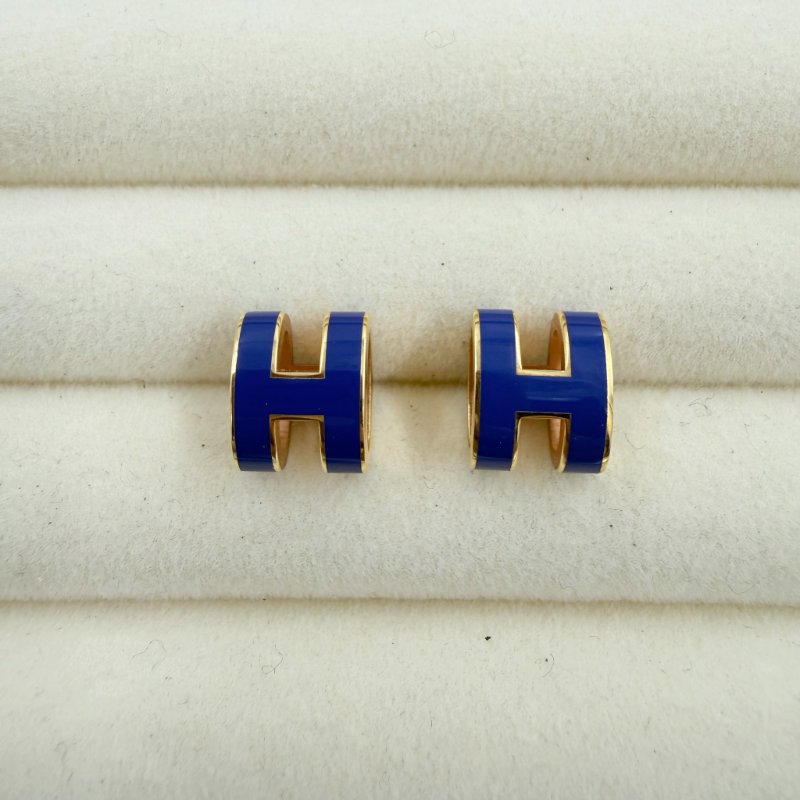 HERMES - 深藍色琺瑯漆面金釦POP耳環-2