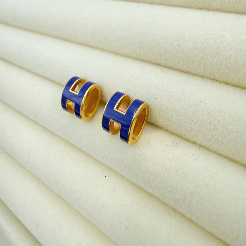 HERMES - 深藍色琺瑯漆面金釦POP耳環-3