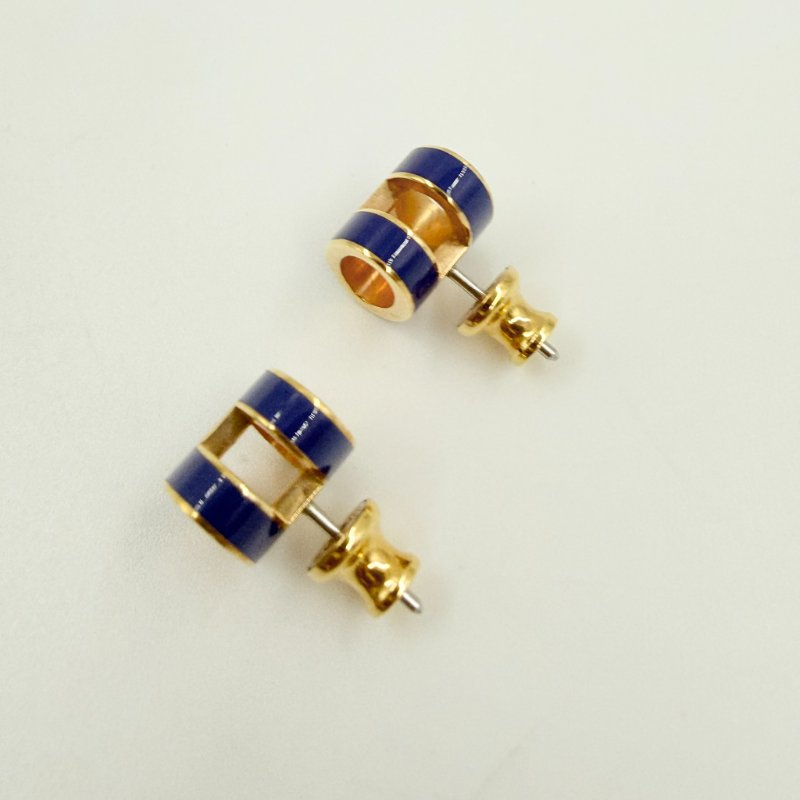 HERMES - 深藍色琺瑯漆面金釦POP耳環-4