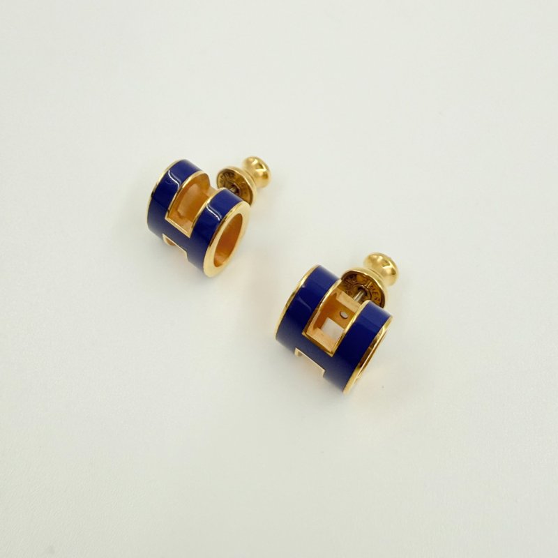HERMES - 深藍色琺瑯漆面金釦POP耳環-5