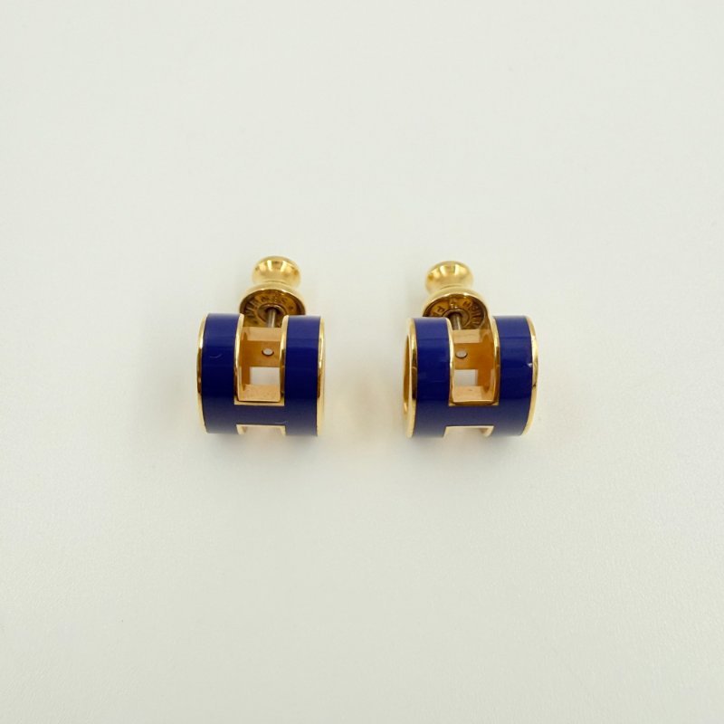 HERMES - 深藍色琺瑯漆面金釦POP耳環-7