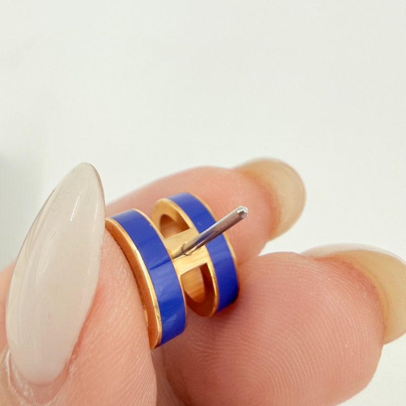 HERMES - 深藍色琺瑯漆面金釦POP耳環-12