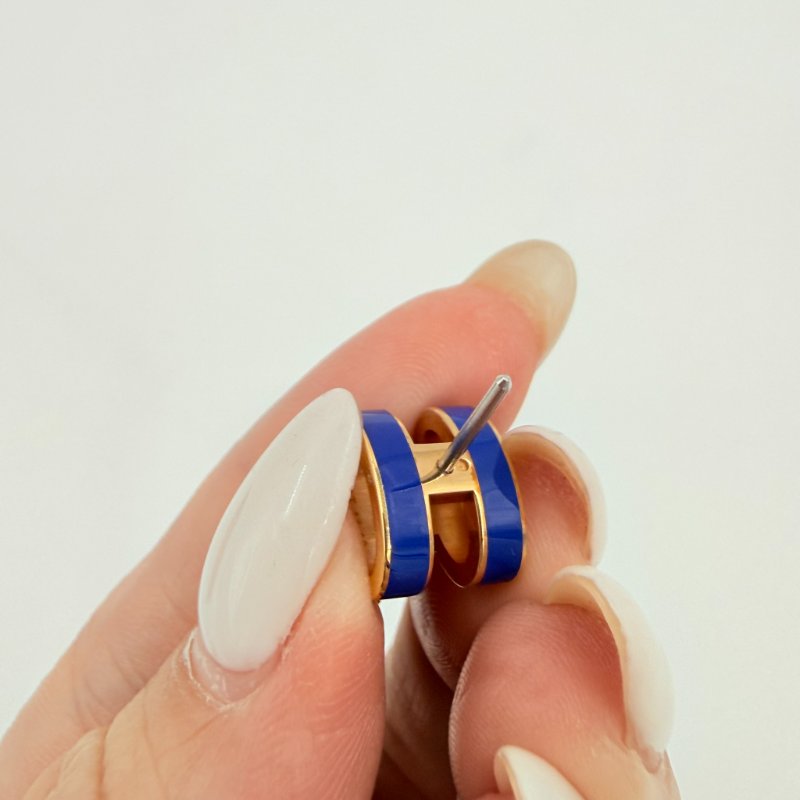 HERMES - 深藍色琺瑯漆面金釦POP耳環-13