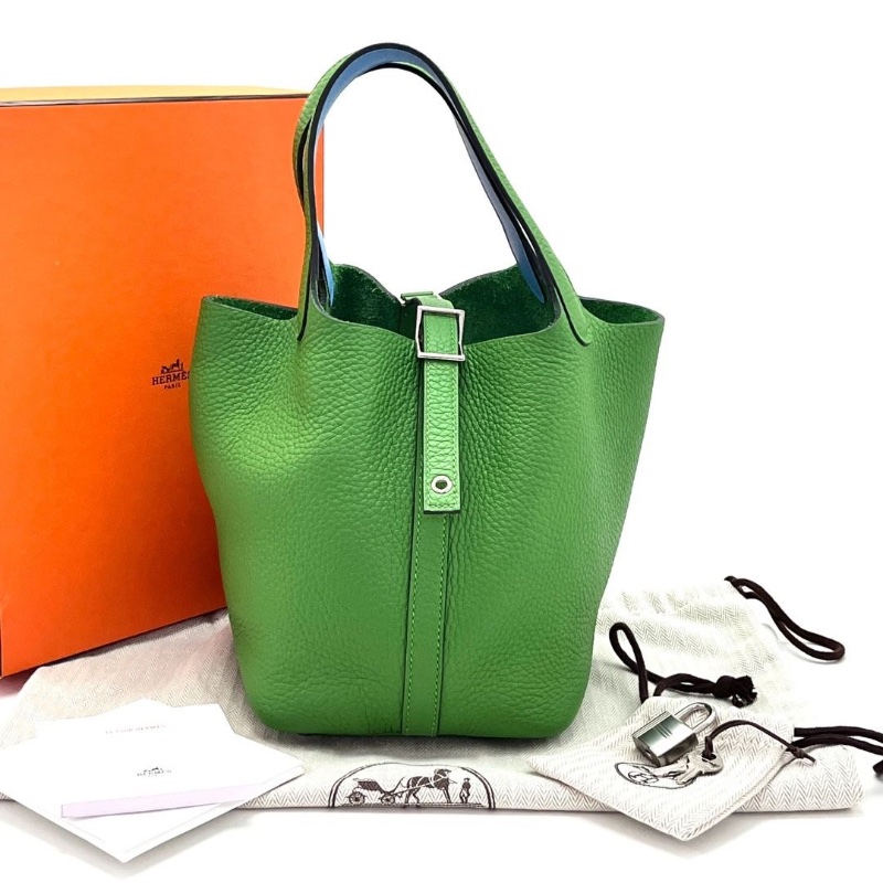 HERMES 絲蘭綠拼佛羅里達藍 銀扣菜籃子18手提袋 18*18*13 9新 配件盒子大小塵袋鎖鑰匙-1