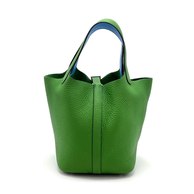 HERMES 絲蘭綠拼佛羅里達藍 銀扣菜籃子18手提袋 18*18*13 9新 配件盒子大小塵袋鎖鑰匙-3