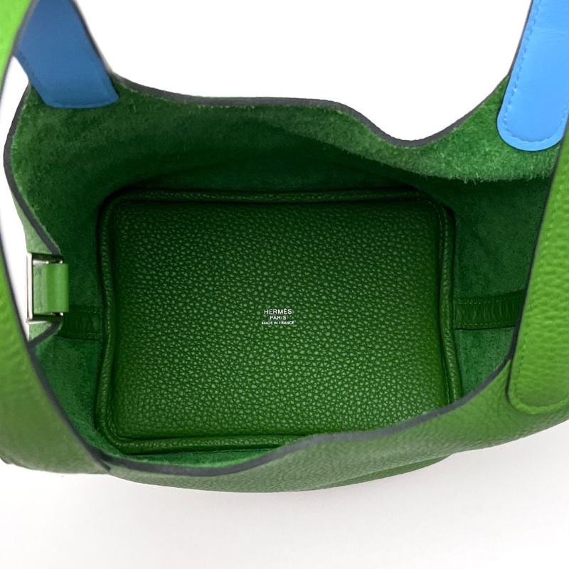HERMES 絲蘭綠拼佛羅里達藍 銀扣菜籃子18手提袋 18*18*13 9新 配件盒子大小塵袋鎖鑰匙-4