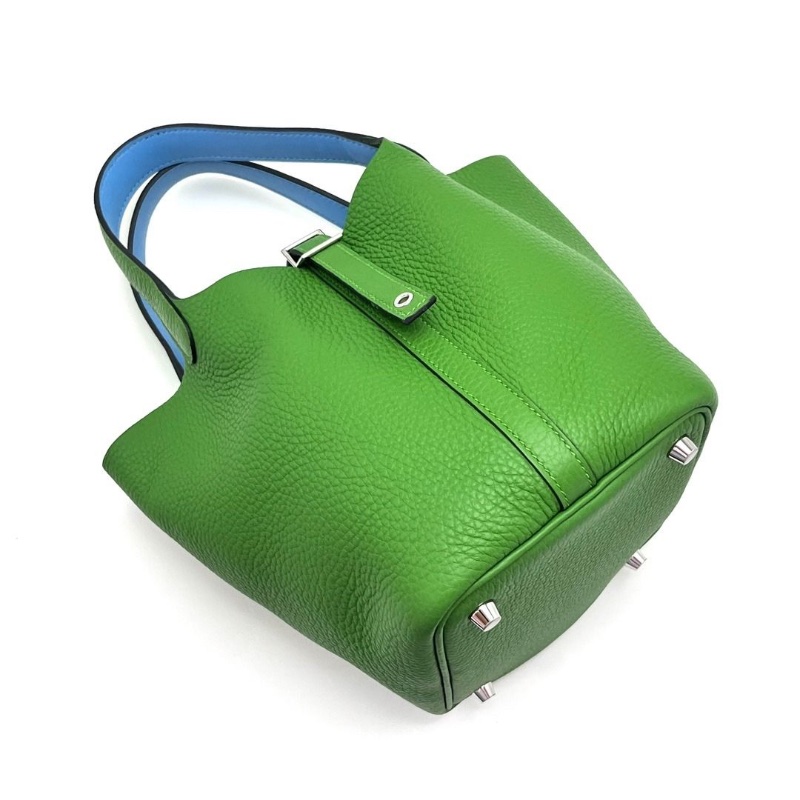 HERMES 絲蘭綠拼佛羅里達藍 銀扣菜籃子18手提袋 18*18*13 9新 配件盒子大小塵袋鎖鑰匙-5