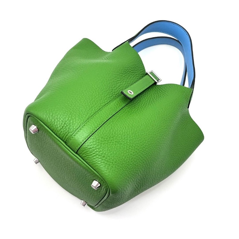 HERMES 絲蘭綠拼佛羅里達藍 銀扣菜籃子18手提袋 18*18*13 9新 配件盒子大小塵袋鎖鑰匙-6